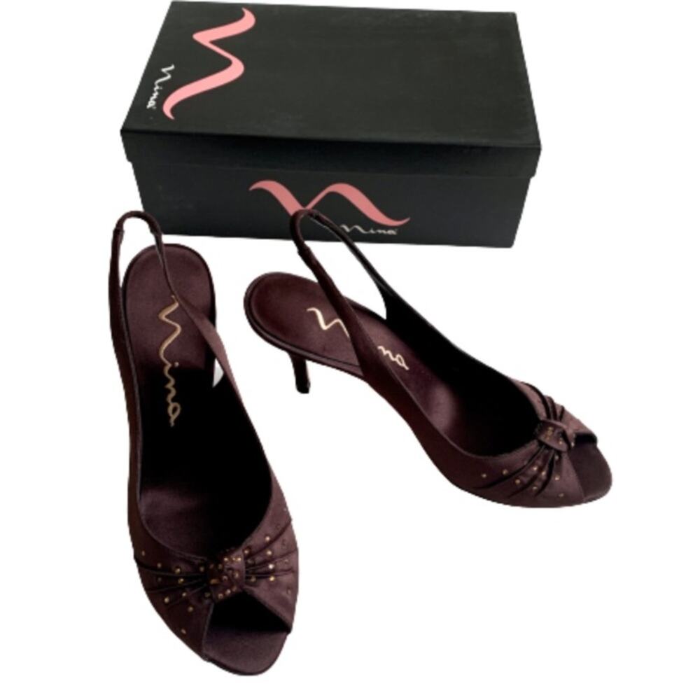 Nina Heels Pumps Shoes Chocolate Luste Satin Open Toe Slingback Dress Size 8 NIB